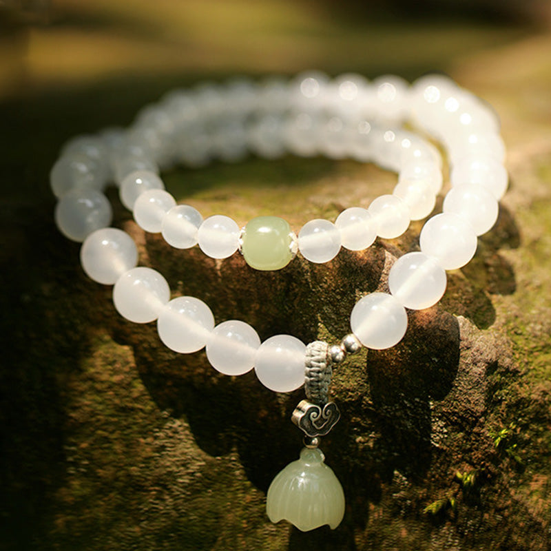 Buddha Stones White Agate Jade Lotus Protection Bracelet Bracelet BS 7