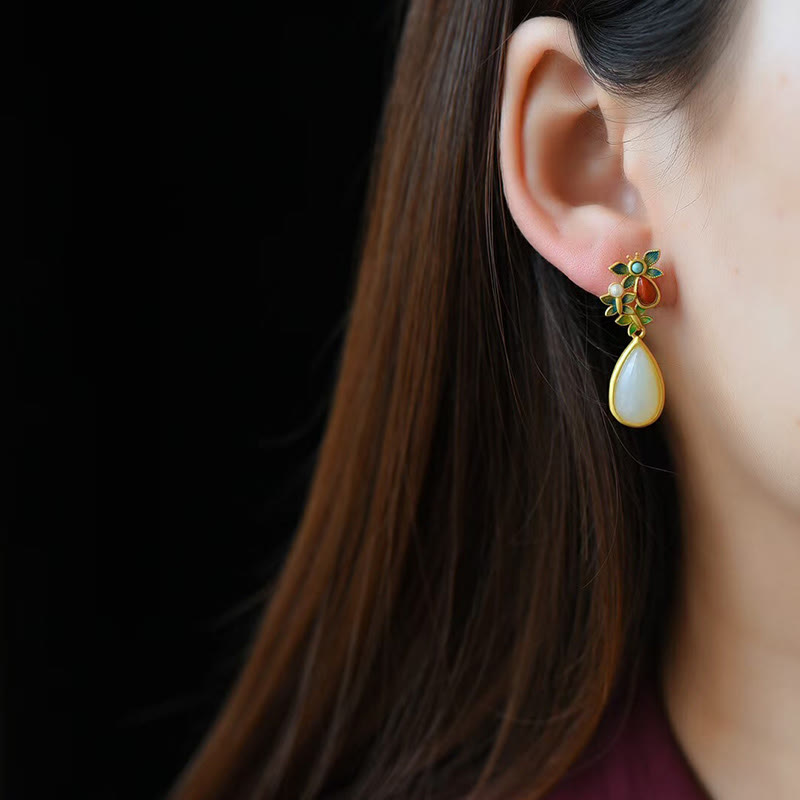 Buddha Stones Water Drop White Jade Red Agate Butterfly Protection Drop Dangle Earrings Earrings BS 4