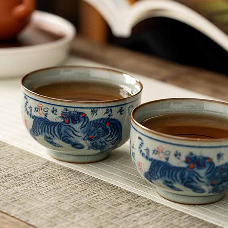 Buddha Stones Jingdezhen Hand Painted Cute Tiger Ceramic Teacup Kung Fu Tea Cup Bowl 140ml Cup BS 10