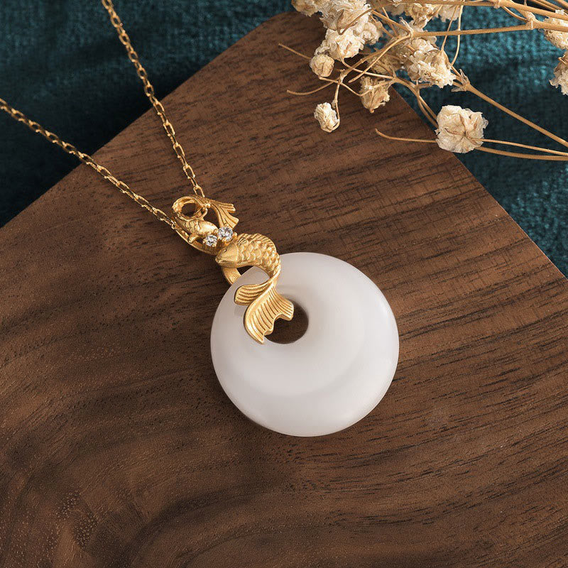 Buddha Stones White Jade Koi Fish Wealth Prosperity Necklace Pendant Necklaces & Pendants BS 1