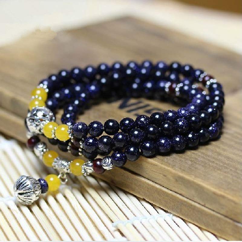 Buddha Stones Blue Sandstone Wealth Charm Bracelet Mala Mala Bracelet BS 3