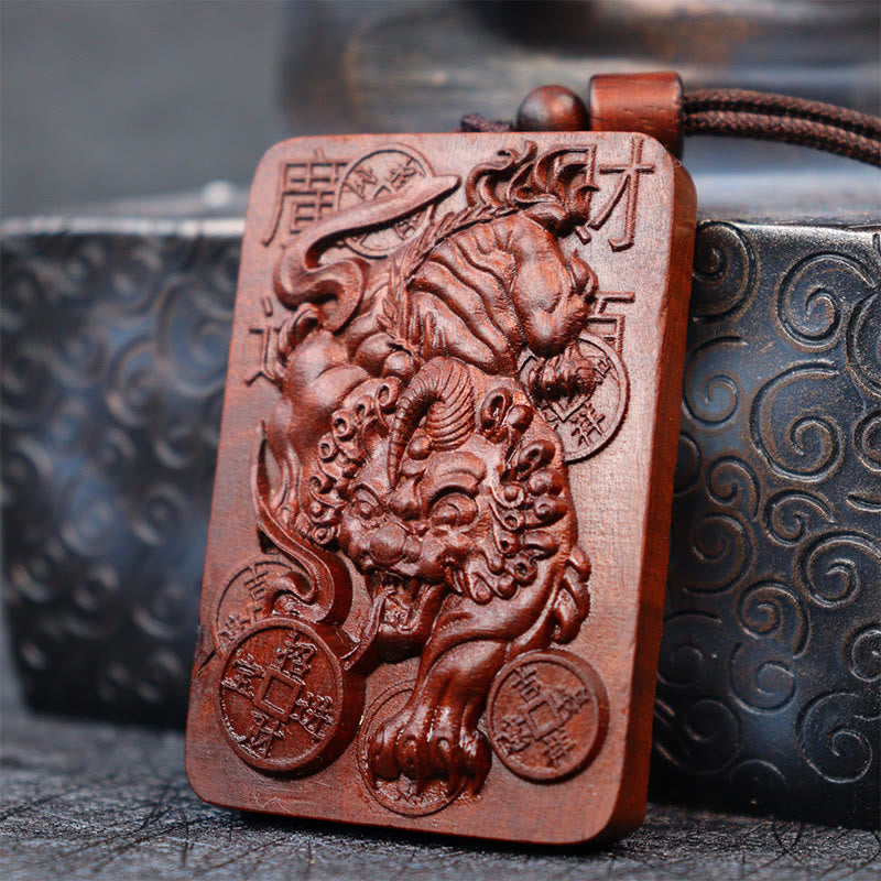 Buddha Stones Natural Lightning Struck Jujube Wood PiXiu Copper Coin Good Fortune Necklace Pendant 3
