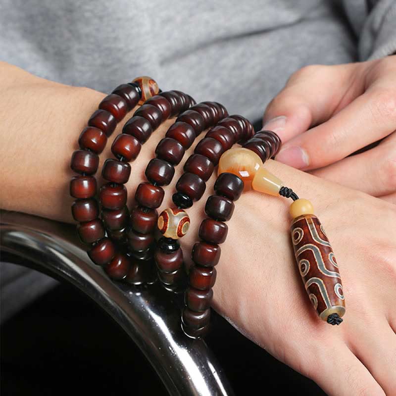 Bracelet de chance Foviel 108 perles Mala avec perle Dzi à trois yeux et perle Dzi à neuf yeux en jade
