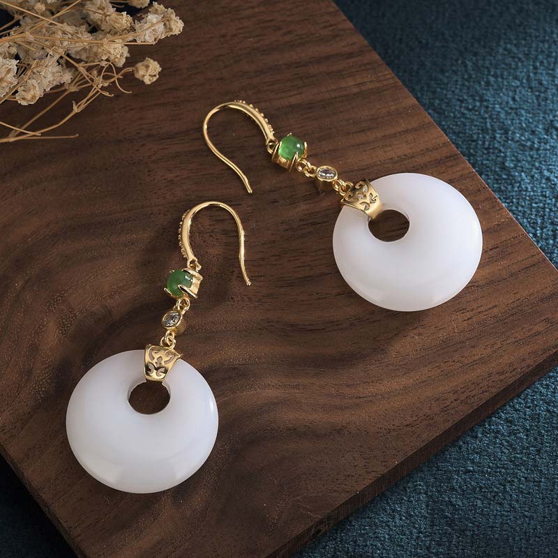 Buddha Stones FengShui White Jade Blessing Drop Earrings Earrings BS 8