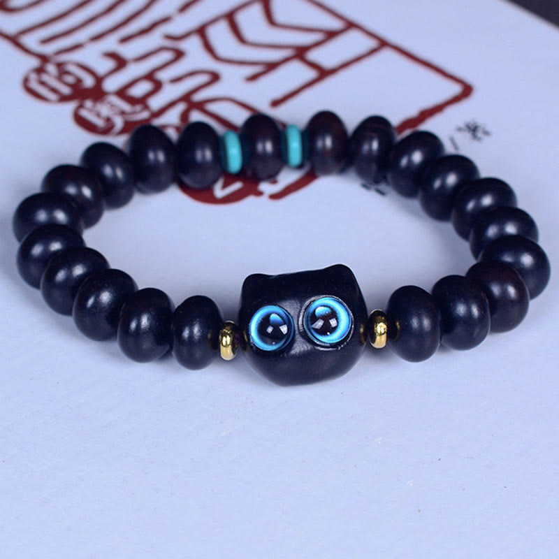 Buddha Stones Ebony Wood Liuli Glass Lovely Cat Peace Balance Bracelet Bracelet BS 1