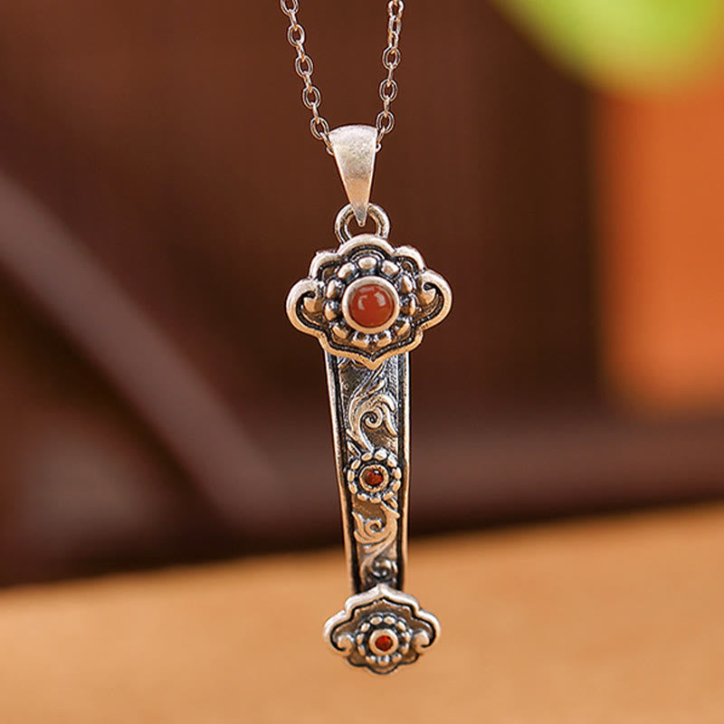Buddha Stones 925 Sterling Silver Red Agate Cyan Jade Auspicious Clouds Ruyi Handle Blessing Necklace Pendant Necklaces & Pendants BS 3