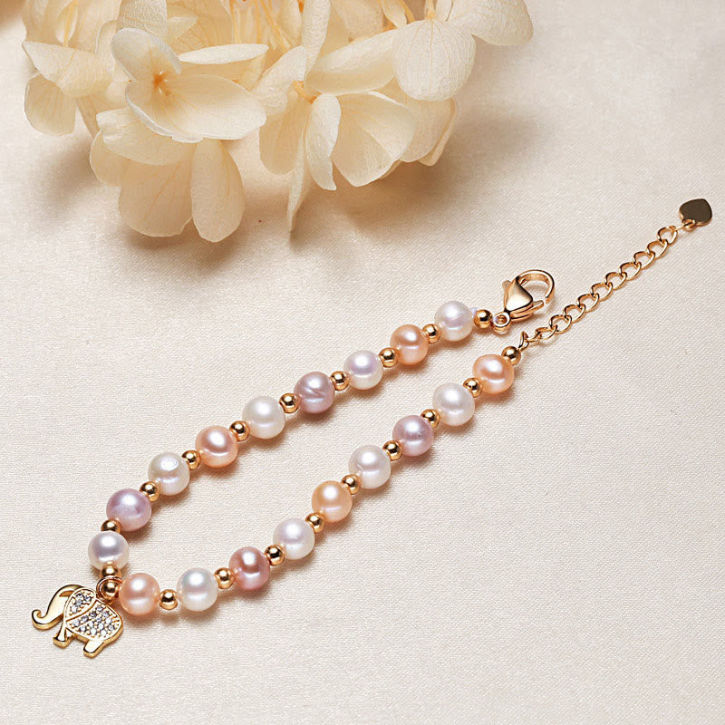 Buddha Stones 18K Gold Plated Pearl Elephant Zircon Charm Sincerity Bracelet Bracelet BS 3