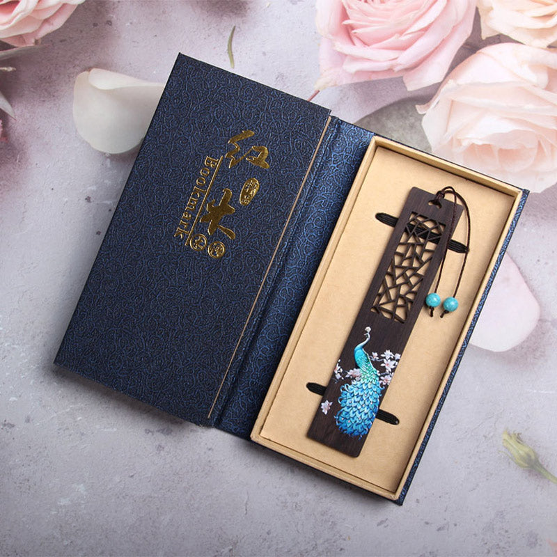 Buddha Stones Blue Peacock Ebony Wood Bookmarks With Gift Box Bookmarks BS 7