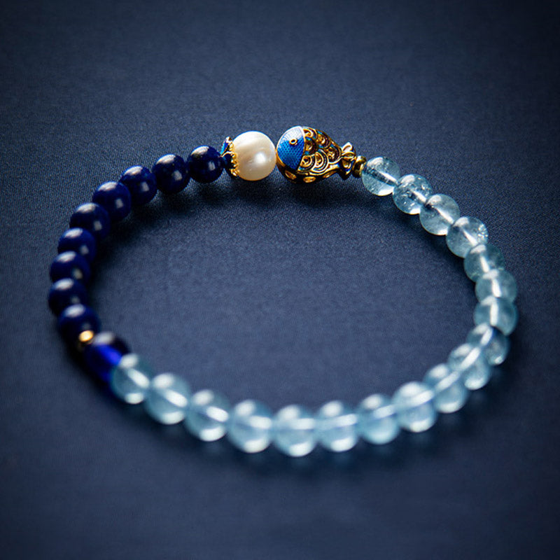 Buddha Stones Natural Aquamarine Lazurite Fish Healing Bracelet - image 0