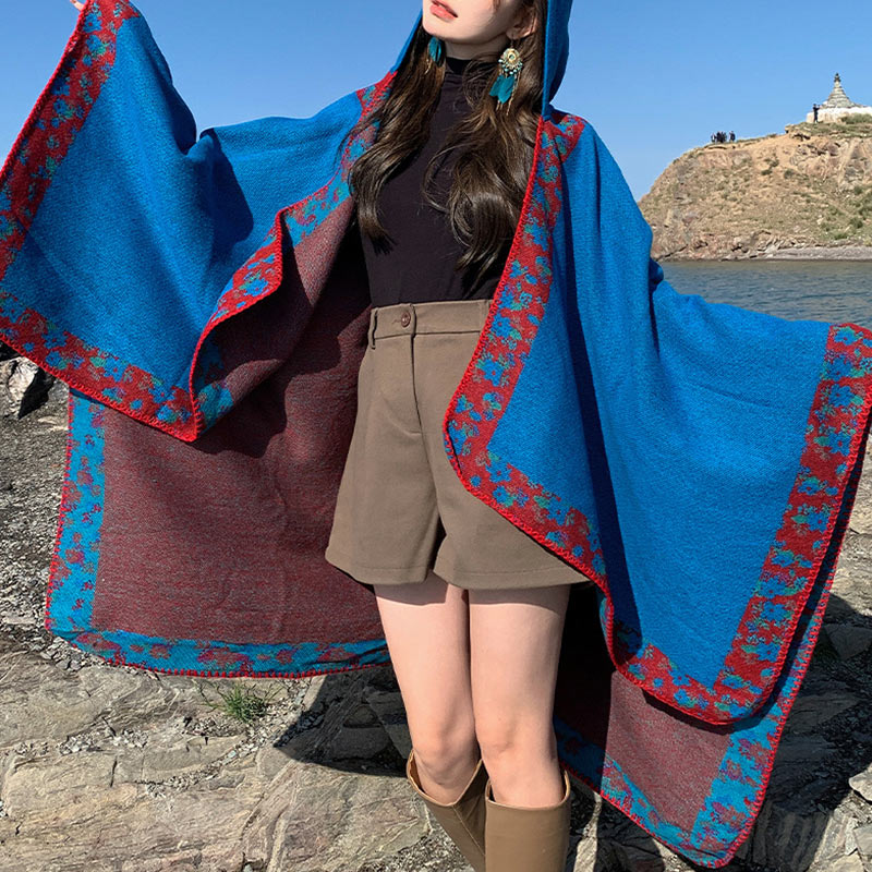 Buddha Stones Tibetan Shawl Border Small Floral Flower Hooded Cloak Winter Cozy Travel Scarf Wrap Tibetan Shawl BS 14