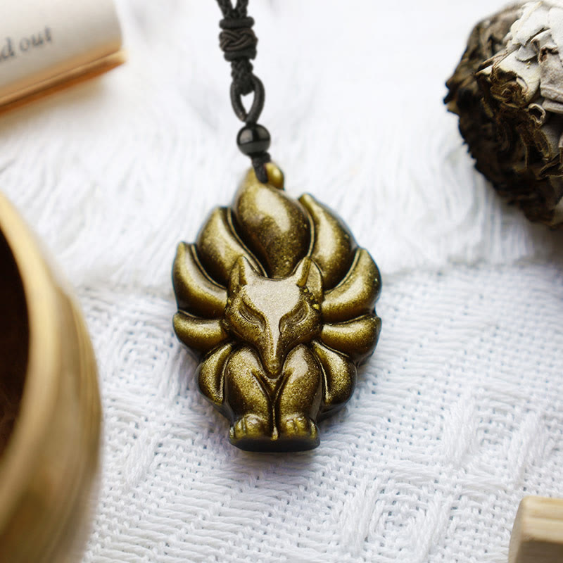 Buddha Stones Natural Fluorite Gold Sheen Obsidian Fox Pendant Protection Necklace Necklaces & Pendants BS 9
