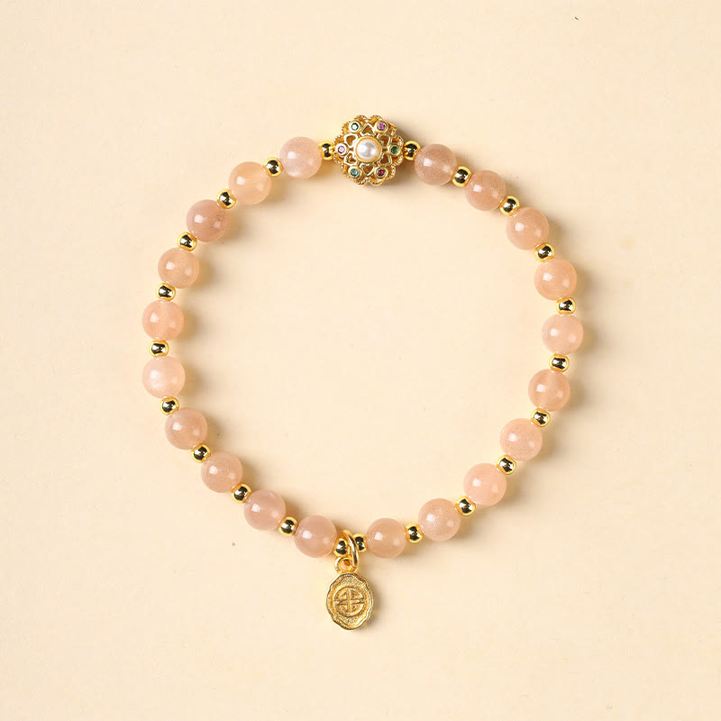 Buddha Stones 14K Gold Plated Natural Strawberry Quartz Labradorite Sun Stone Fu Character Positive Charm Bracelet Bracelet BS Sun Stone(Wrist Circumference 15-16cm)