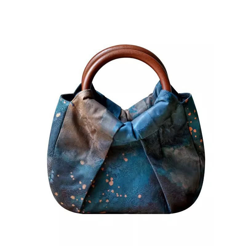 Buddha Stones Handmade Jacquard Flower Blue Wooden Handle Handbag Handbags BS 15