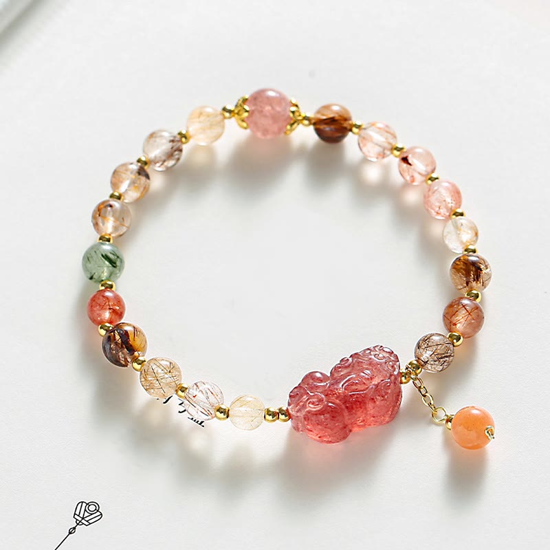 Buddha Stones Natural Rutilated Quartz Strawberry Quartz PiXiu Wealth Bracelet Bracelet BS Rutilated Quartz(Auspiciousness♥Courage)(Wrist Circumference 14-17cm)