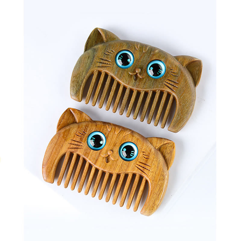 Buddha Stones Simple Cat Pattern Green Sandalwood Cure Portable Comb Comb BS 5