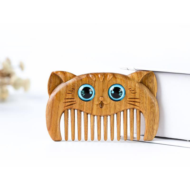 Buddha Stones Simple Cat Pattern Green Sandalwood Cure Portable Comb Comb BS 3