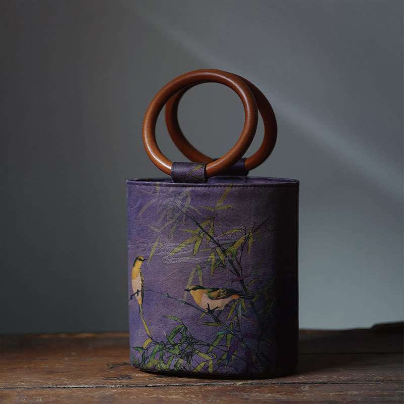Buddha Stones Bamboo Leaf Butterfly Cherry Blossom Persimmon Wood Handle Handbag Handbags BS Magpie Bamboo 16*17*12cm