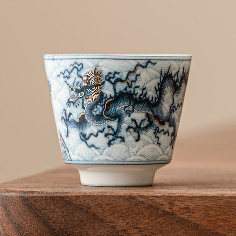 Buddha Stones Small Blue And White Dragon Pattern Ceramic Teacup Kung Fu Tea Cups 45ml Cup BS 5.5cm*4.8cm*45ml