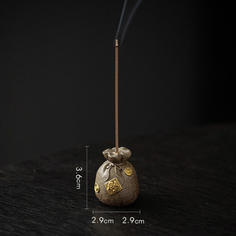 Buddha Stones Small Treasure Bowl Lucky Bag Bagua Tray Healing Ceramic Stick Incense Burner Decoration Incense Burner BS Brown Lucky Bag 2.9*2.9*3.6cm