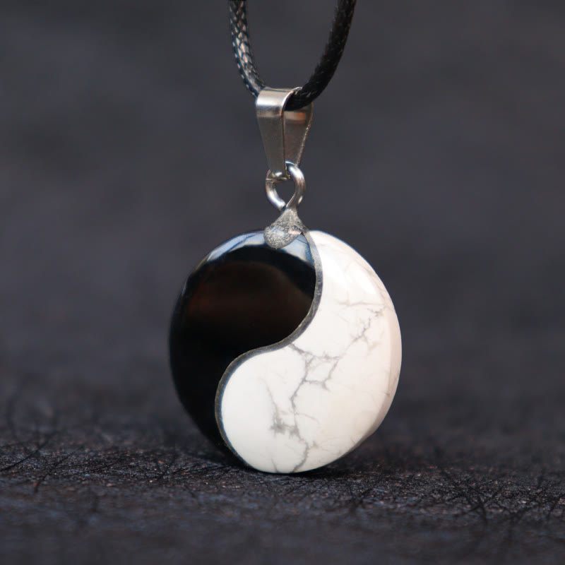 Buddha Stones Natural Black Obsidian White Turquoise Yin Yang Transformation Rope Necklace Pendant 2