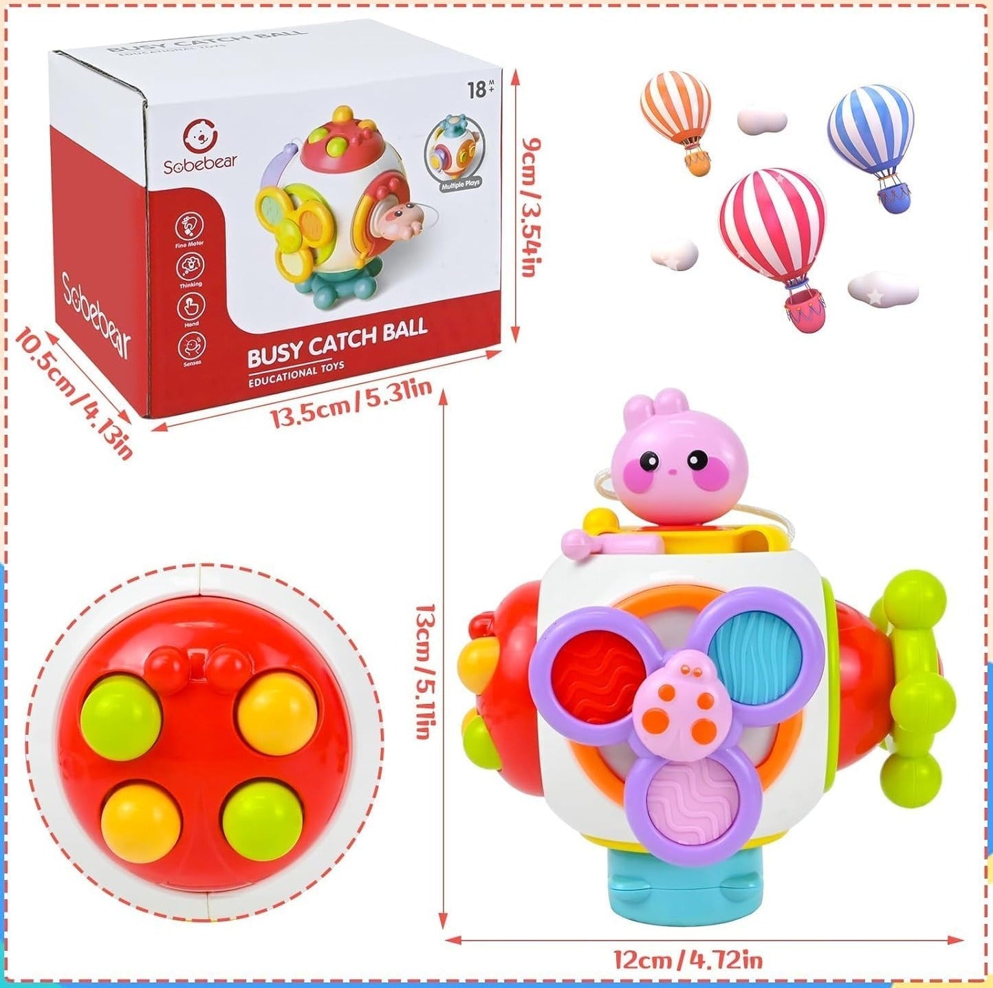 Fidtoy 6-in-1 Busy Catch Ball Activity Cube for Toddlers, Montessori Sensory Busy Cube with Switches, Plug, Rabbit Key, Fidget Spinner and Fine Motor Activities Age 18M+