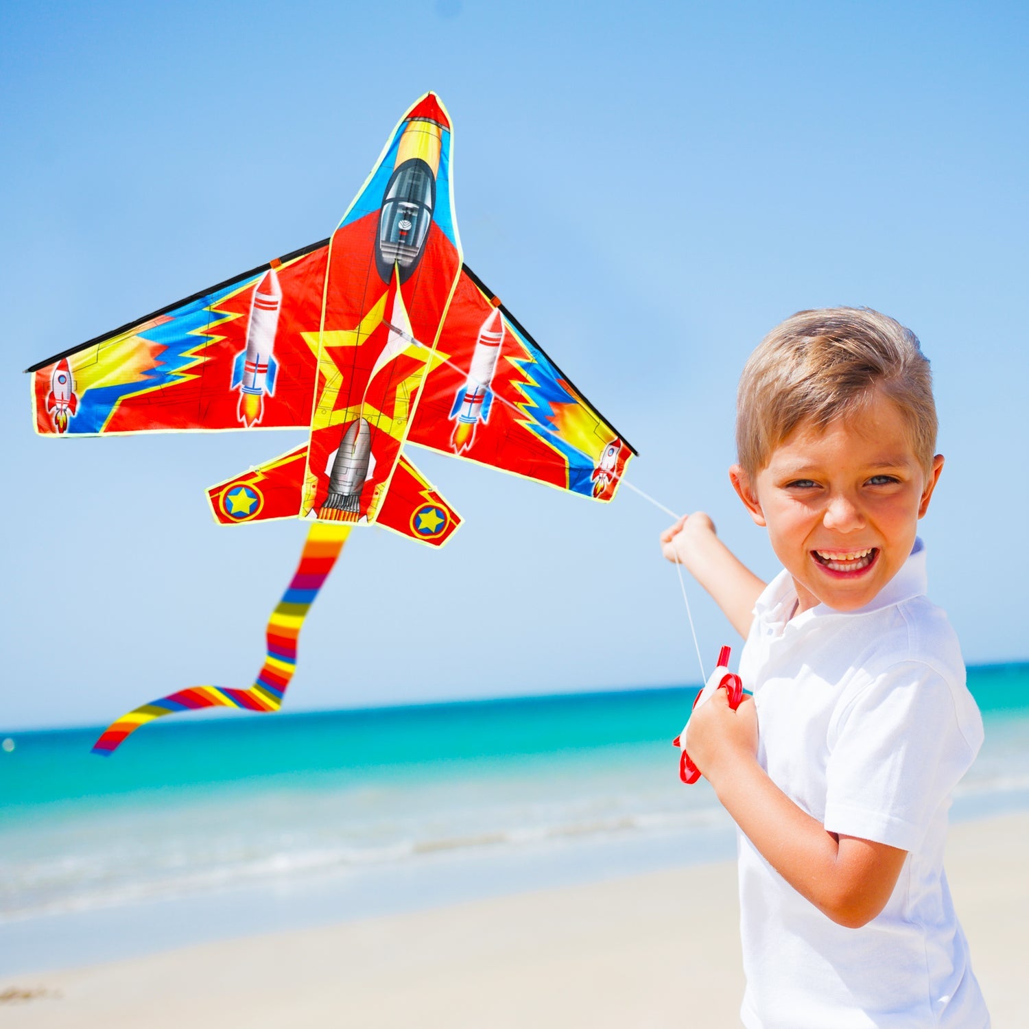 Fidtoy Fighter Plane Kite Set for Kids with 2 Easy Grip Handles