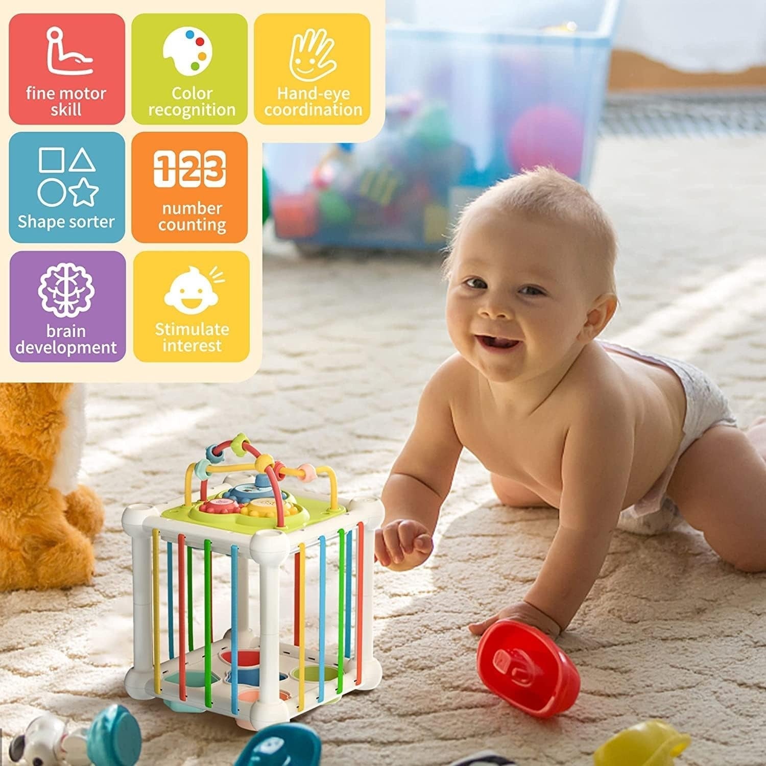 Fidtoy Baby Multifunction Activity Shapes Learning Cube Montessori Sensory Shape Sorting Toy with Bead Maze, Color Blocks, Numbers and Letters for Toddlers 18+ Months