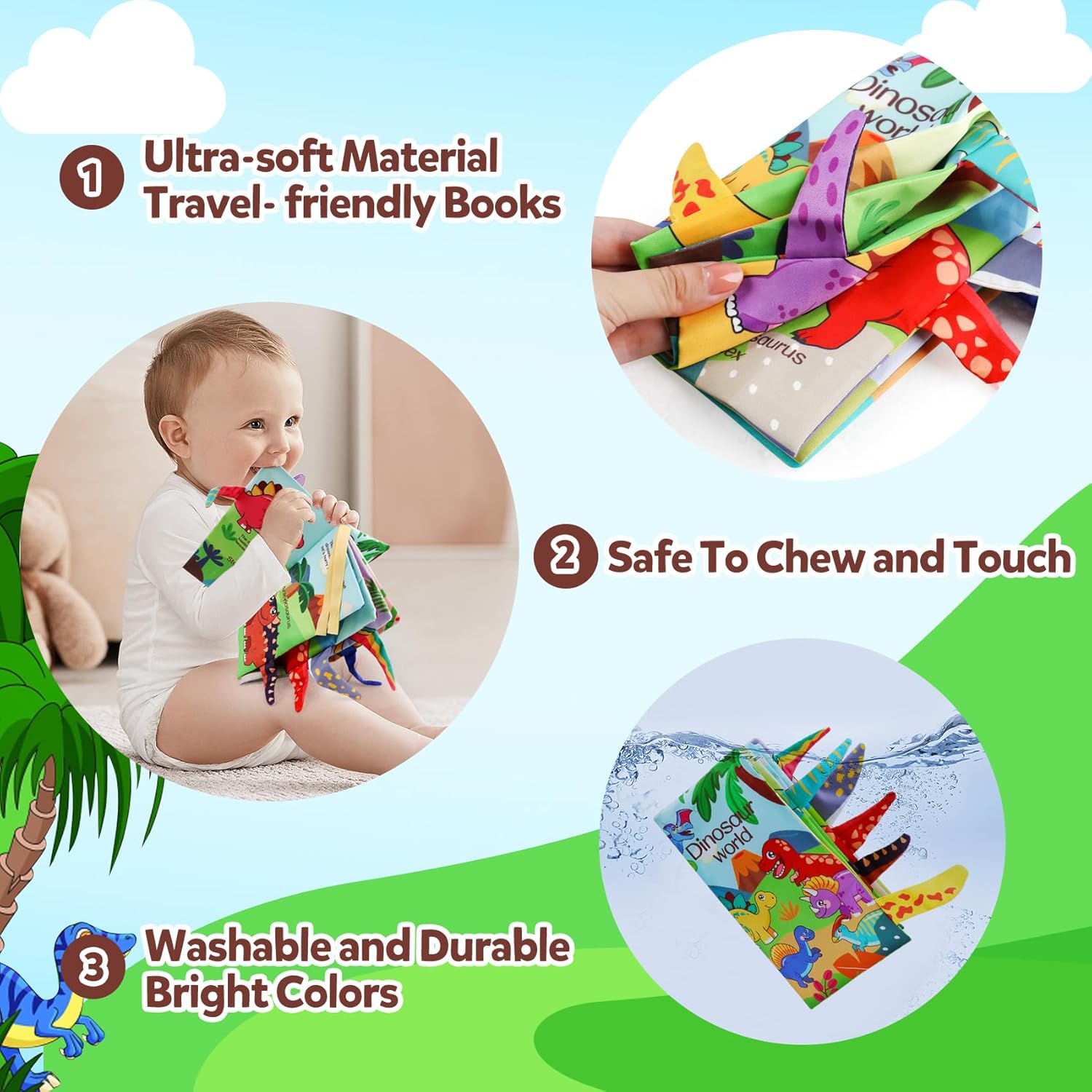Fidtoy Baby Soft Dinosaur Learning Cloth Book Sensory Crinkle Baby Book with Textured Dinosaur Tails for Infants and Toddlers Ages 0-2