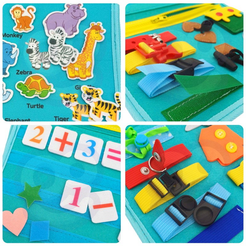 Fidtoy Busy Dinosaur Montessori Sensory Book for Toddlers – 4 Double-Sided Pages Quiet Book, Fine Motor Skills Learning Activity Book, Travel Toy for Kids Ages 2+