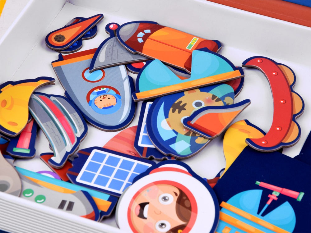 Fidtoy STEAM Magnetic Puzzle Book Space Theme for Kids Ages 2-6, 50-Piece Cardboard Magnetic UFO Puzzle Activity Book with Astronaut and Space Scene Pieces