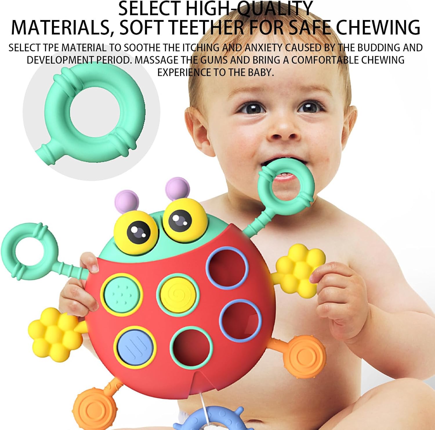 Fidtoy Cute Colorful Ladybug String Pull Sensory Rattle for Babies 6+ Months Montessori Pull String Teething Toy