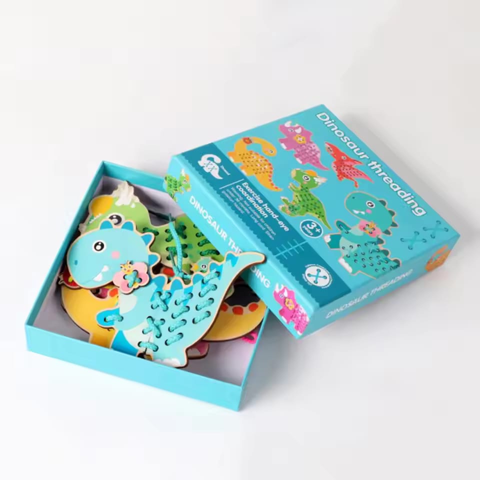 Fidtoy Wooden Dinosaur Threading Toy for Kids | Montessori Lacing Cards, Hand-Eye Coordination, Fine Motor Skills & Preschool Sewing Activity Toy Age 2-6