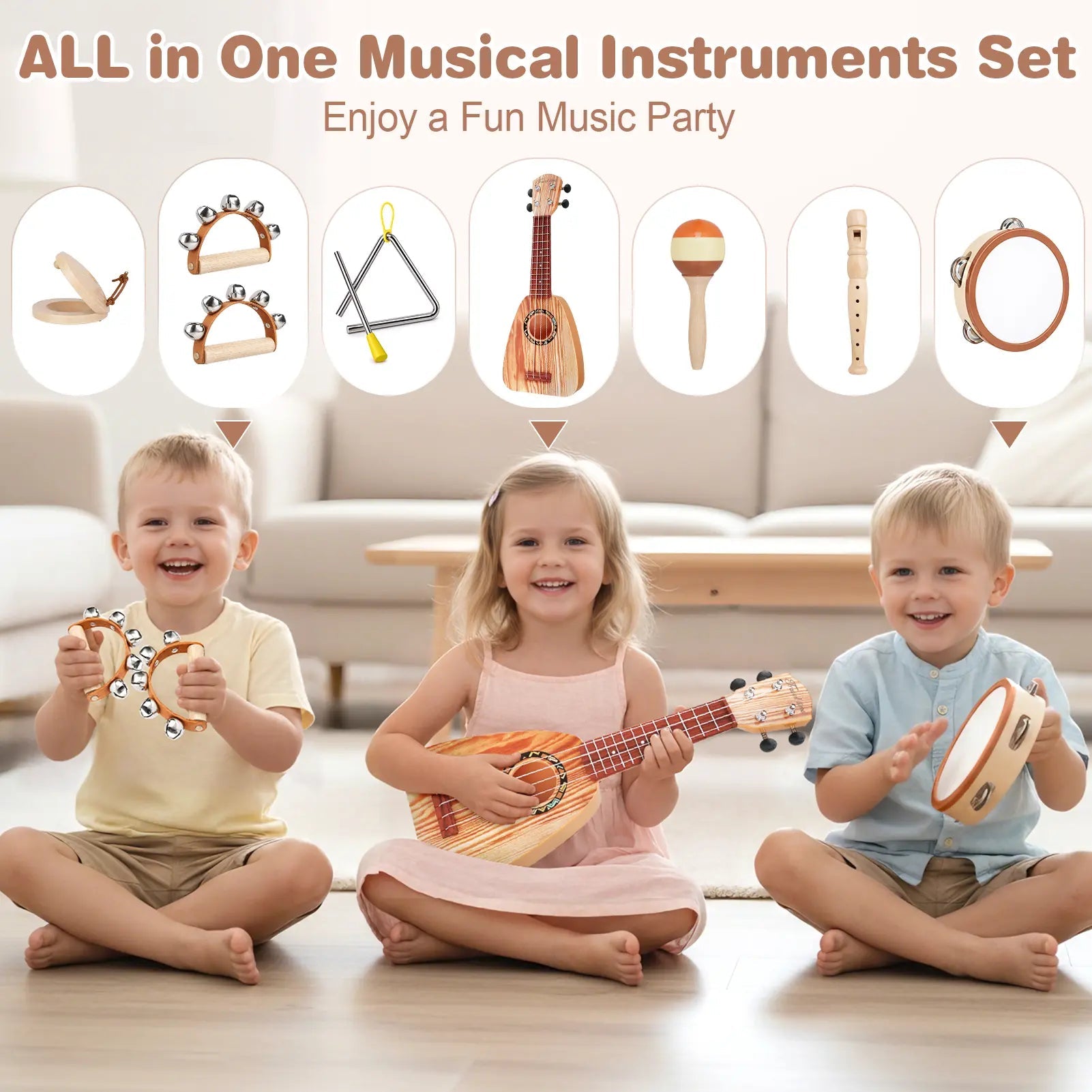 Fidtoy 7-Piece Musical Toys for Toddlers Ukulele Instrument Set Kids Rhythm Learning Toys