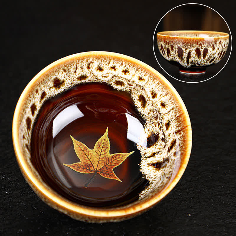 Buddha Stones Maple Leaf Colorful Ceramic Teacup Home Tea Cups Cup BS 8.5cm*4.5cm*120ml White