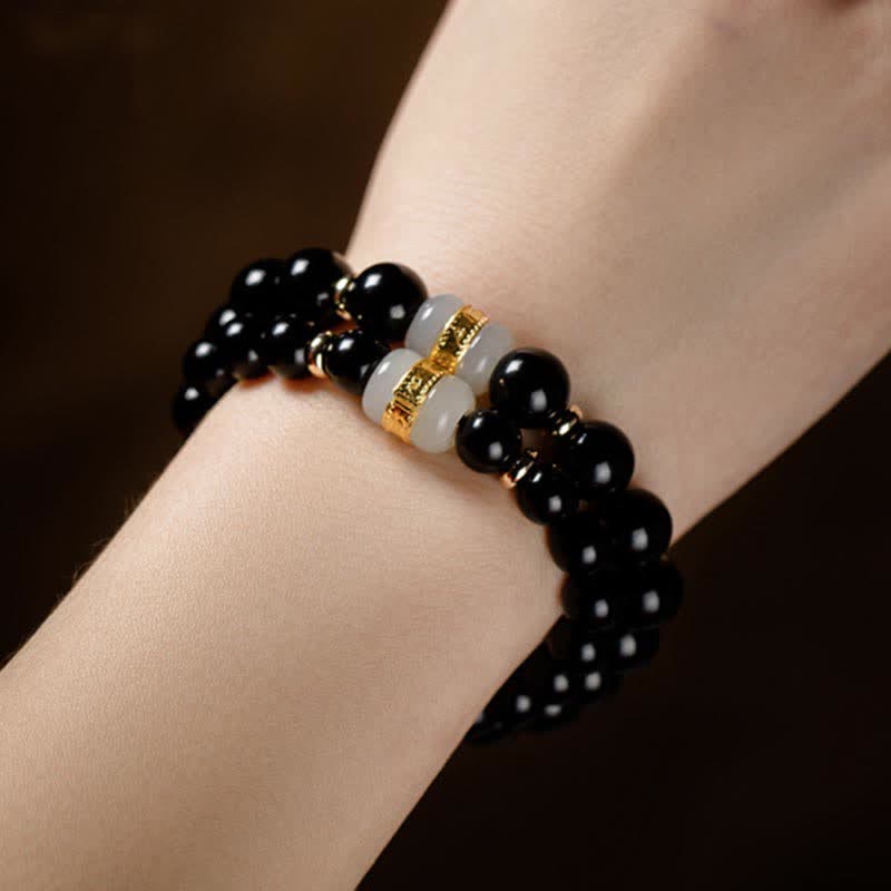 Buddha Stones Black Obsidian Jade Om Mani Padme Hum Strength Couple Magnetic Bracelet Bracelet BS 10