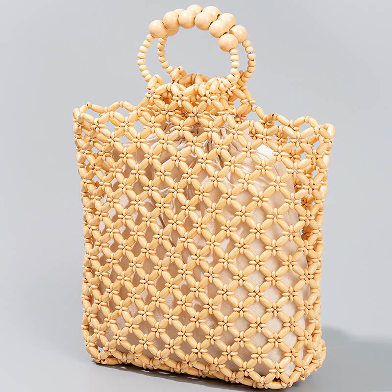 Buddha Stones Hand-woven Fishing Line Braiding Mesh Hollow Wooden Beads Handbag Handbags BS 1