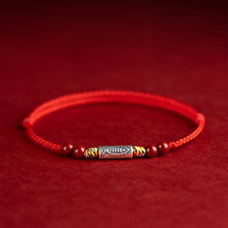 Buddha Stones 925 Sterling Silver Koi Fish Cinnabar Bead Wealth Handcrafted Braided Bracelet Anklet Bracelet Anklet BS 1