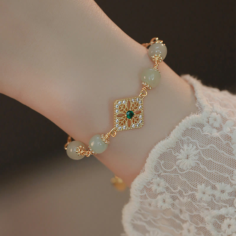 Buddha Stones Natural Hetian Jade Bead Square Pattern Luck Chain Bracelet Bracelet BS 3