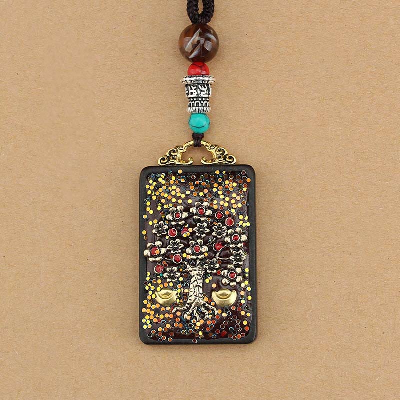 Buddha Stones Tibet God Of Wealth Money Tree Golden Phoenix Thangka Ebony Peace Necklace Pendant Necklaces & Pendants BS 11