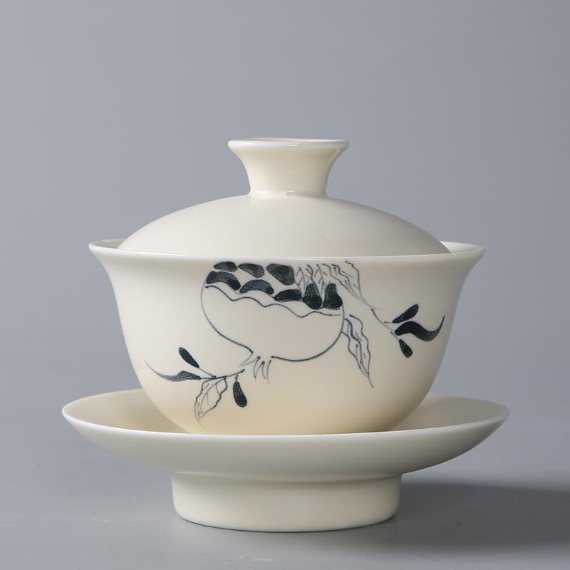 Buddha Stones Hand Painted Pomegranate Hibiscus Pine Lotus Ceramic Gaiwan Sancai Teacup Kung Fu Tea Cup And Saucer With Lid Cup BS 13*9cm*200ml Pomegranate