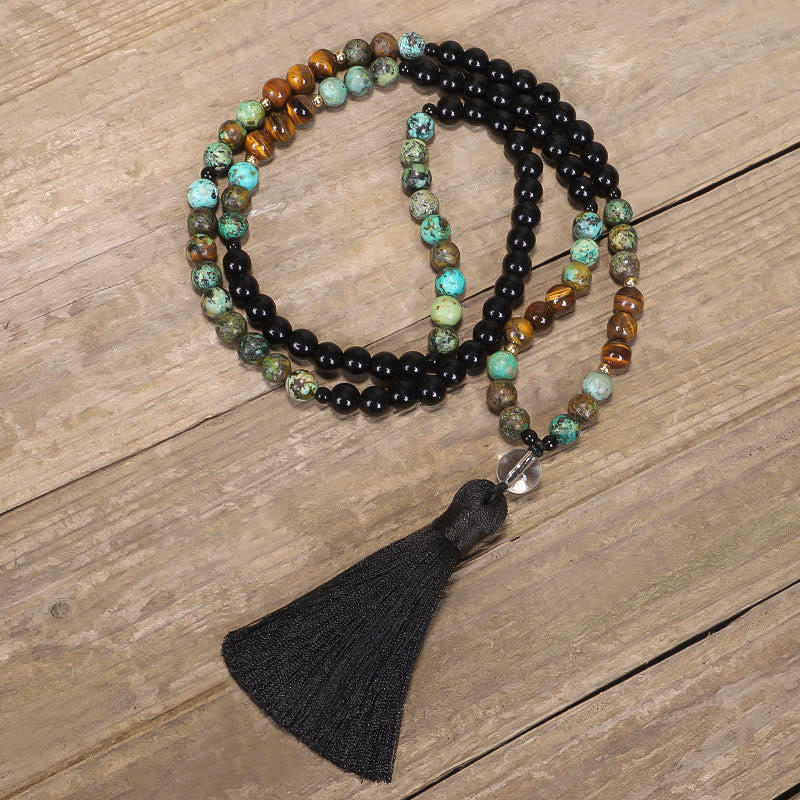 Buddha Stones 108 Mala Beads Natural Stone Tiger Eye Turquoise Protection Strength Bracelet Necklace Bracelet Necklaces & Pendants BS 6
