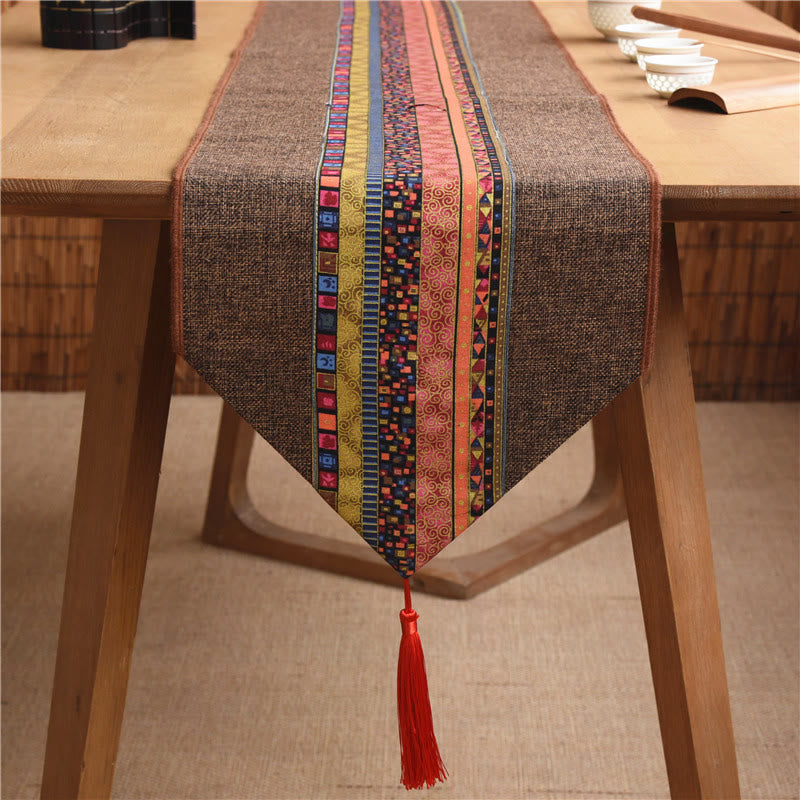 Buddha Stones Classic Chinese Style Lotus Koi Fish Flower Crane Calligraphy Enlightenment Cotton Linen Tassels Table Runner Table Runner BS Brown Red Colorful 30*180cm