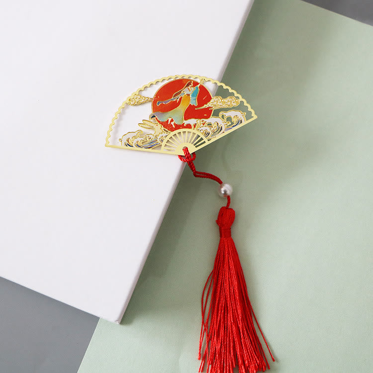 Buddha Stones Traditional Butterfly Lotus Flower Crane Dragon Phoenix Fox Koi Fish New Beginning Metal Brass Hollow Fan Bookmarks Bookmarks BS Red Sun Fairy