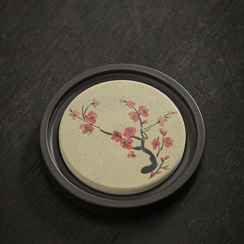 Buddha Stones Plum Blossom Peach Heart Sutra Loquat Magnolia Persimmon Ceramic Cup Mat Pad Coaster Kung Fu Tea Mat Cup Mat BS Plum Blossom 7.9*1cm