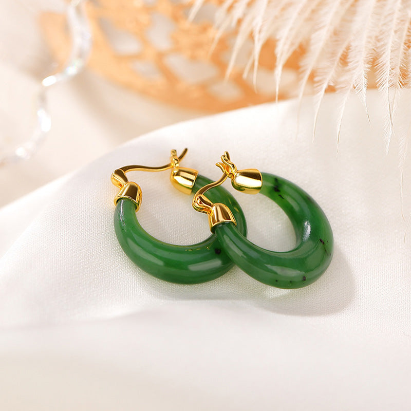Buddha Stones 925 Sterling Silver Plated Gold Natural Round Hetian Cyan Jade Luck Drop Earrings Earrings BS 1