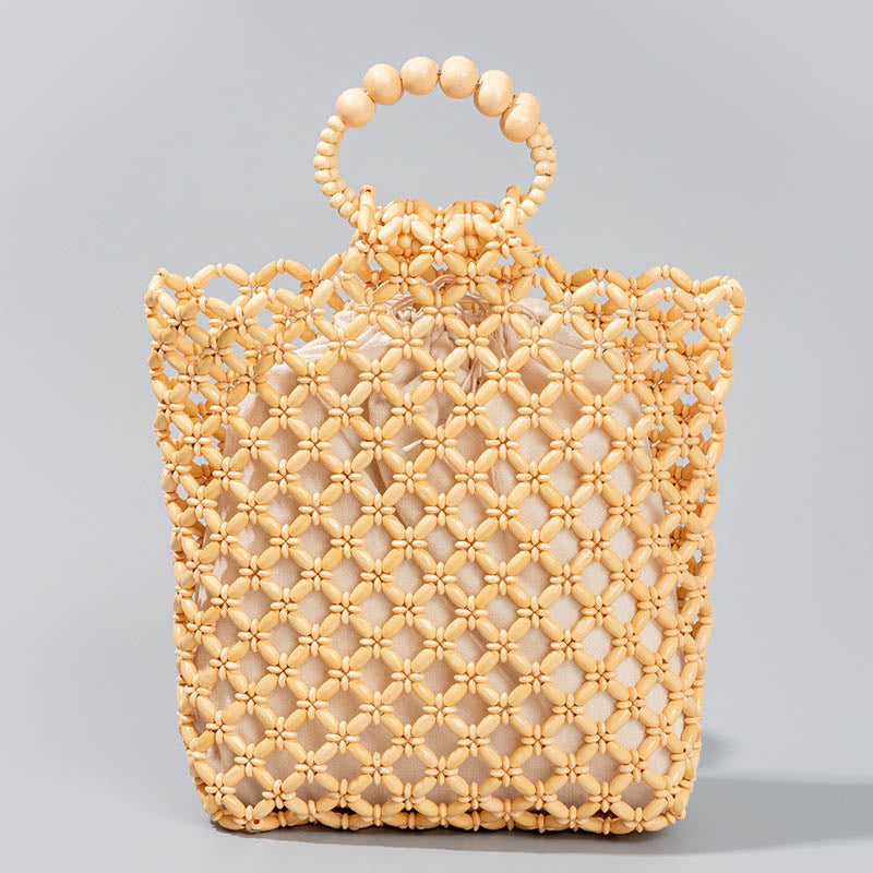 Buddha Stones Hand-woven Fishing Line Braiding Mesh Hollow Wooden Beads Handbag Handbags BS Yellow 30*10*27cm