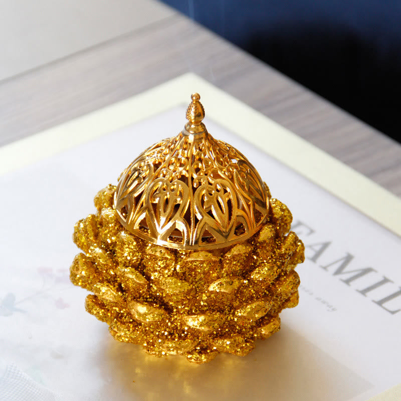 Buddha Stones Gold Pine Cone Pattern Spiritual Rituals Mini Incense Burner Home Tabletop Decor Incense Burner BS 10