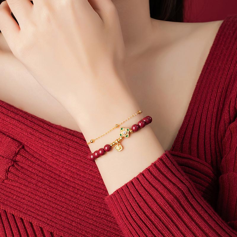 Buddha Stones 925 Sterling Silver Natural Cinnabar Four Leaf Clover Flower Blessing Chain Bracelet Bracelet BS 6