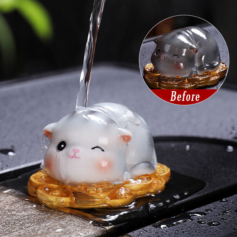 Buddha Stones Color Changing Cute Mini Cat Resin Tea Pet Wealth Home Figurine Decoration Decorations BS Gray Cat 7.6*6.2*4.2cm