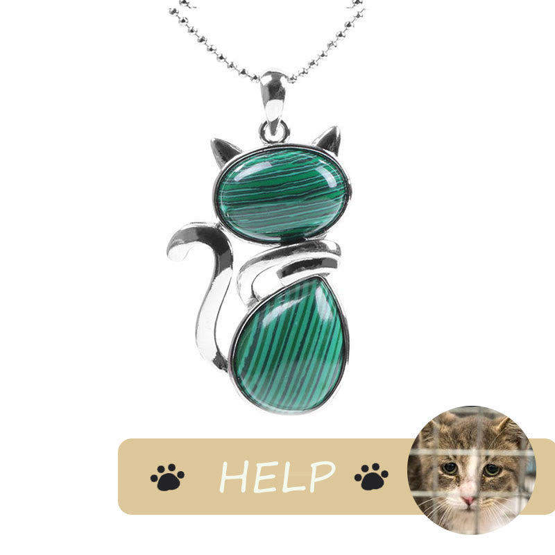 "Save A Cat" Cute Cat Pattern Natural Crystal Protection Cat-Loving Pendant Necklace - Malachite - image 22